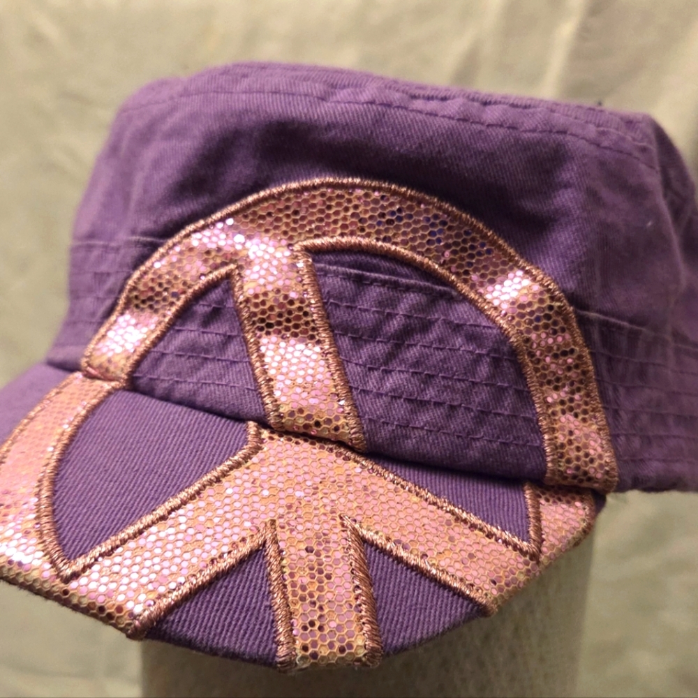 Girls Purple Peace Sign Glitter Sequin Cap